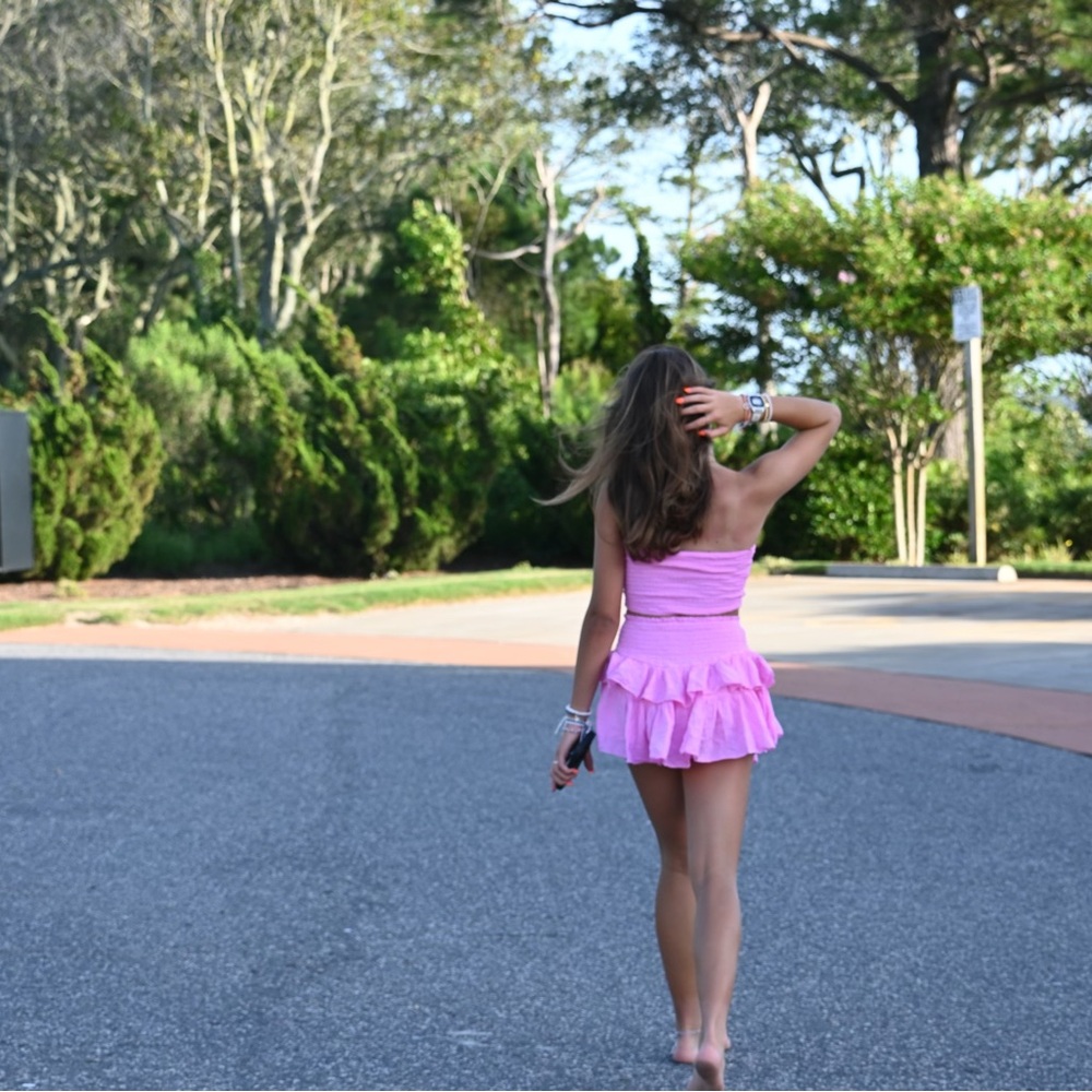 Strapless Pink Ruffle Skirt Set - Twist Crop Top & Tiered Mini Skirt - Picture 2 of 6
